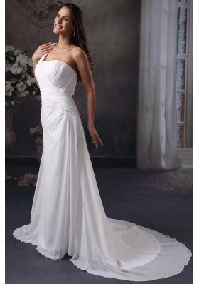 Column One Shoulder Ruching Court Train Chiffon Wedding Dress