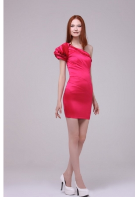 Column One Shoulder Short Sleeves Hot Pink Prom Dress