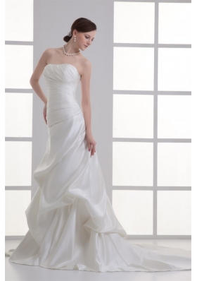 Column Strapless Pick-ups Ruching Satin Court Train Wedding Dress