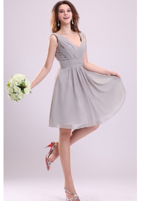 Empire Gray V-neck Ruching Chiffon Knee-length Prom Dress