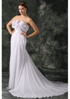 Empire Sweetheart Court Train Beading and Hand Made Flower Chiffon Wedding Dress