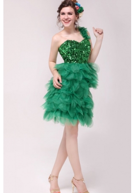 Green A-line One Shoulder Sequins and Ruffles Prom Dress