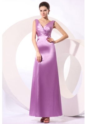 Lavender V-neck Ruching Ankle-length Prom Dress