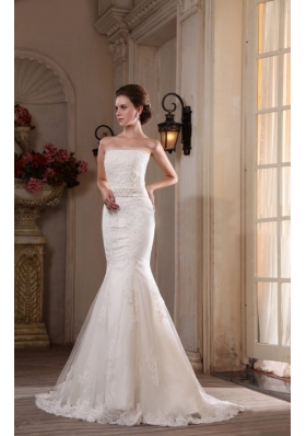 Mermaid Lace Strapless Brush Train Appliques Wedding Dress