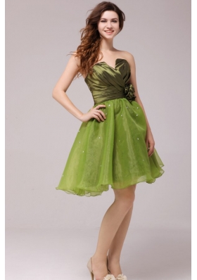 Olive Green V-neck Ruching Hand Made Flower Prom Dress