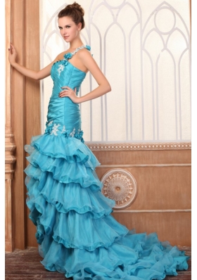 One Shoulder Appliques and Ruffles Layered Column Prom Dress in Teal