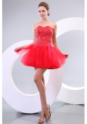 Red A-line Sweetheart Beading Tulle Mini-length Prom Dress