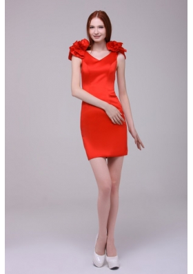 Red Column V-neck Hand Made Flowers Mini-length Prom Dress