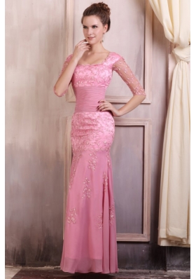 Rose Pink Square Appliques Column Chiffon Half Sleeves Prom Dress