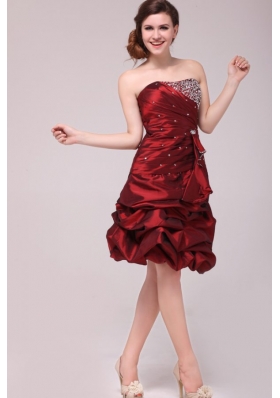 Strapless Knee-length Burgundy Prom Dress with Pick-ups and Beading