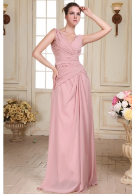 V-neck Floor-length Ruche Decorate Empire Chiffon Prom Dress