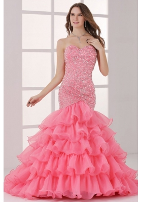 Watermelon Sweetheart Mermaid Beading and Ruffles Layered Prom Dress