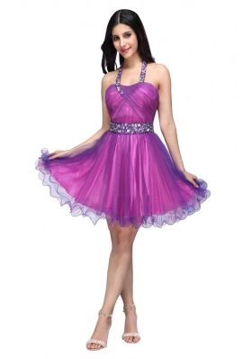 A-line Halter Top Beading and Ruching Knee-length Purple Prom Dress