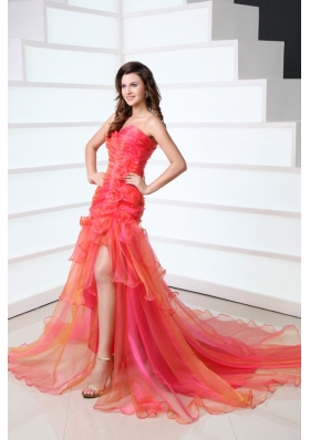 A-line Hot Pink Sweetheart Ruching and Beading Court Train  Prom Dress