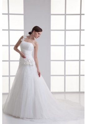 A-line One Shoulder Appliques Ruching Court Train Wedding Dress