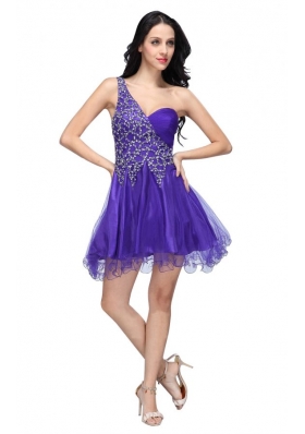 A-line Purple One Shoulder Beading Tulle Prom Dress
