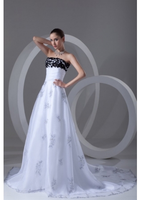 A-line Strapless Appliques Ruching Court Train Wedding Dress