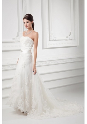 A-line Strapless Beading and Lace Court Train Wedding Dress