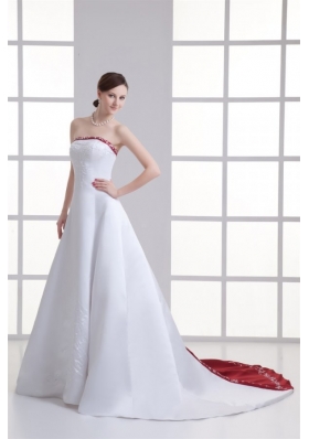 A-line Strapless Embroidery Chapel Train Satin Wedding Dress