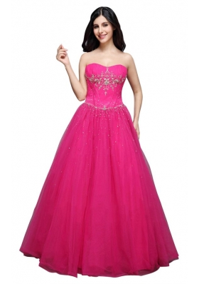 A-line Strapless  Hot Pink Appliques Organza Beading Prom Dress