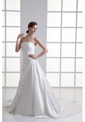 A-line Strapless Ruching Chapel Train Satin Wedding Dress