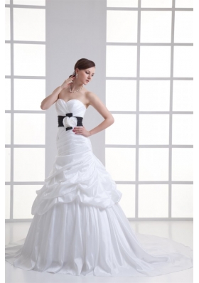 A-line Sweetheart Sash Pick-ups Ruching Court Train Wedding Dress