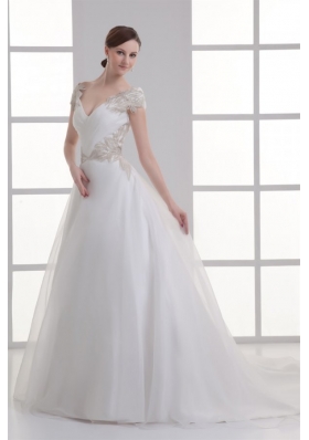 A-line V-neck Cap Sleeves Beading Tulle Court Train Wedding Dress