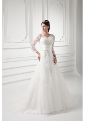 A-line V-neck Long Sleeves Lace Belt Court Train Wedding Dress