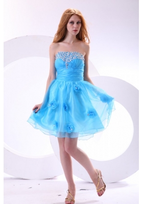 Aqua Blue Prom Dress with Strapless Beaded and Flowers