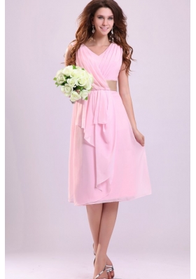 Baby Pink Empire V-neck Chiffon Prom Dress with Ruches