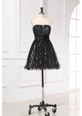 Black Mini-length Short Prom Dress with Flowers Belt
