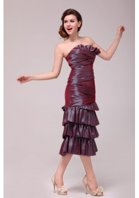 Burgundy Column Tea-length Prom Dress with Ruffled Layers