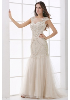 Champagne Scoop Cap Sleeves Beading Brush Train Wedding Dress