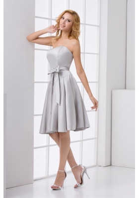 Cheap A-line Strapless Grey Mini-length Prom Dress with Bowknot