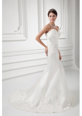 Column Sweetheart Appliques Court Train Satin Wedding Dress