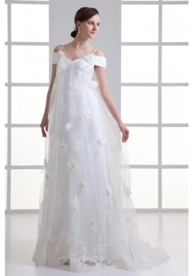 Empire Spaghetti Straps Lace Brush Train Wedding Dress