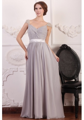 Grey Chiffon Empire Square Prom Dress with Beaded Cap Sleeves