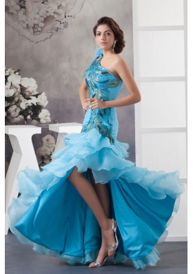 Mermaid One Shoulder Blue Appliques and Ruffled Layers Orange Prom Dress