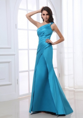 Mermaid One Shoulder Ruching Beading Blue Floor-length Prom Dress