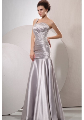 One Shoulder Silver Prom Dress with Beading and Ruching