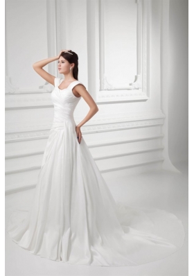 Pretty A-line Straps Chapel Train Wedding Dress with Ruching