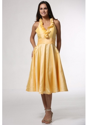 Simple Halter Top Ruffles Yellow Prom Dress Tea-length