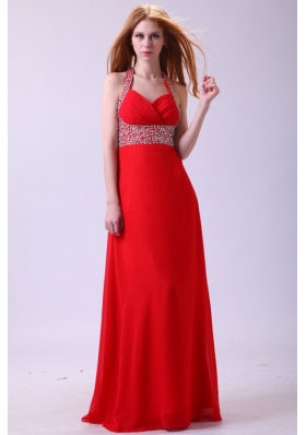 2014 Empire Halter Beading Red Chiffon Floor-length Prom Dress