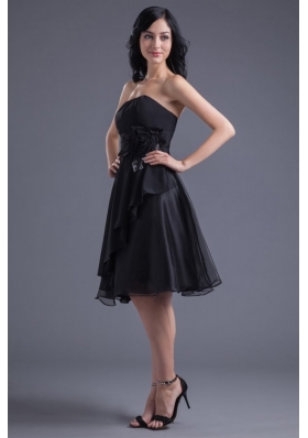 A-line Black Strapless Knee-length Hand Made Flowers Prom Dress