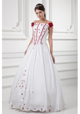A-line Off The Shoulder Appliques and Hand Made Flowers Wedding Dress