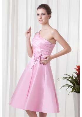 A-line Pink One Shoulder Knee-length Hand Made Flowers Prom Dress