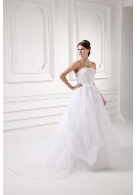 A-line Strapless Appliques Pick-ups Organza Chapel Train Wedding Dress
