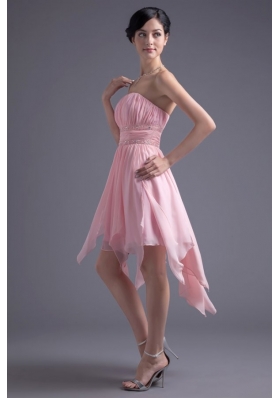 A-line Strapless High-low Pink Beading Chiffon Prom Dress