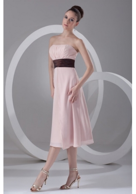 Affordable Empire Strapless Tea-length Chiffon Pink Belt Prom Dress