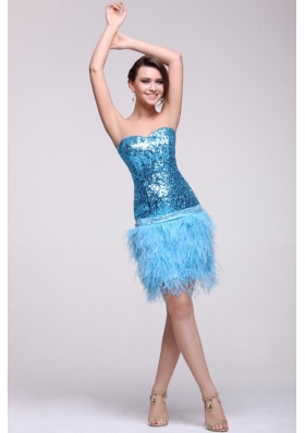 Blue Sequined Prom Dress with Sweetheart Knee-length